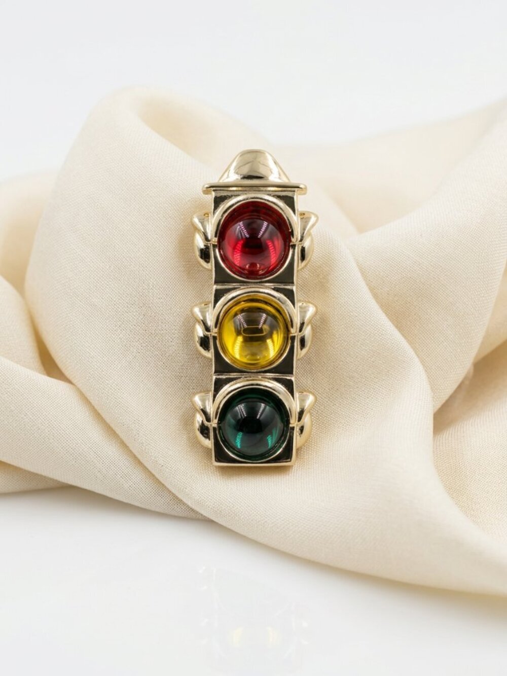Vintage Gold Tone Novelty Traffic Light Brooch - Red Yellow Green Cabochon